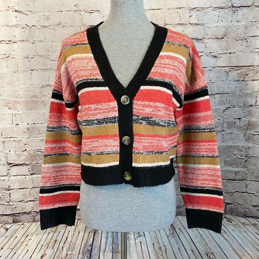 Nordstrom Sweaters Bp Black Pink Button V Neck Marl Stripe Crop Cardigan XS
